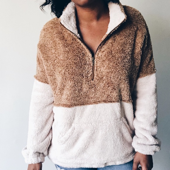 two tone sherpa half zip pullover